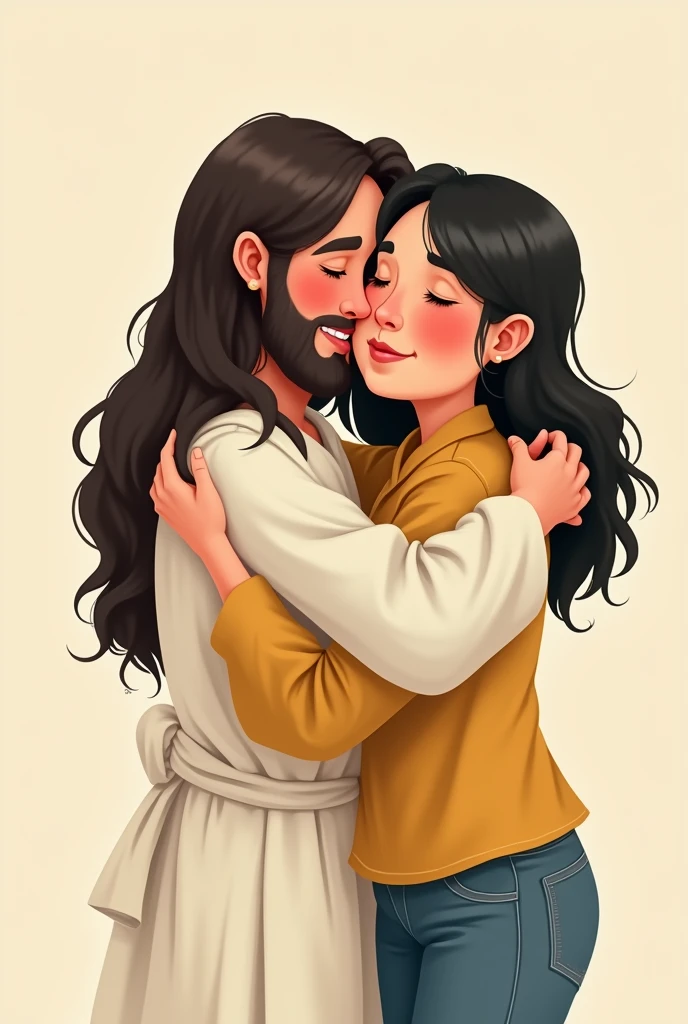 Create a cartoon of a woman with long black hair, Round face, round nose with a mustard-colored blouse and jeans standing hugging Jesus Christ.