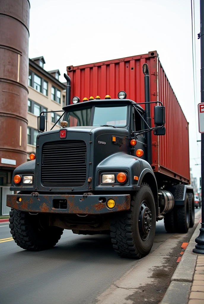 A large black industrial truck with a red container on the back, parked on a city street next to a storm drain pipe