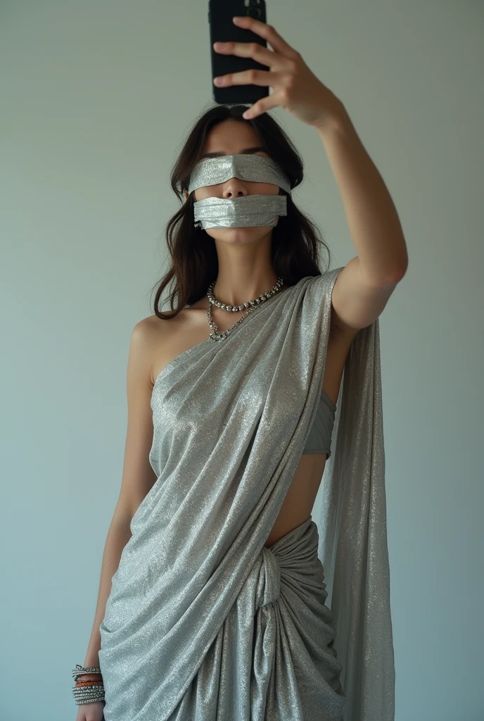 Aesthetic girl blindfolded Duct tape gagged in silver shimmering saree taking selfie 