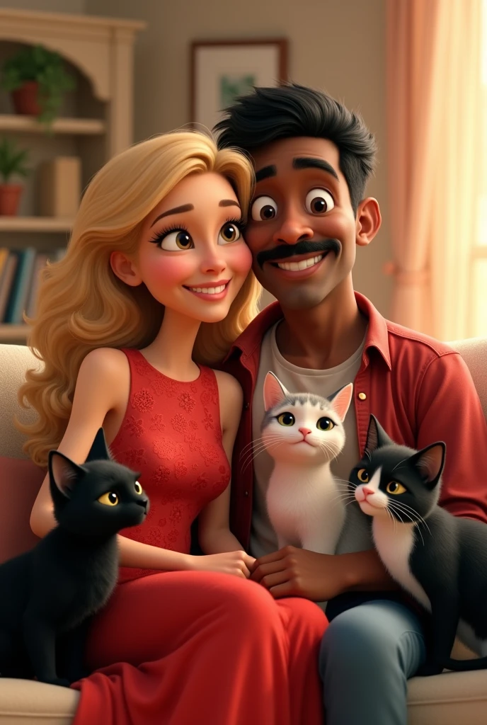 Disney Pixar style image. A blonde woman wearing a red dress, along with her dark-skinned, mustachioed husband. a black cat, and a black and white cat. All sitting on the couch, Much love 