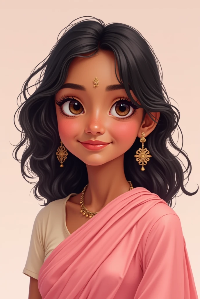 Here's a description for a portrait based on your specifications:
- **Subject**: A teenage Indian girl named Neela. Cartoon features
- **Hair**: Medium-sized, flowing and styled naturally.
- **Outfit**: A pastel pink saree, elegantly draped.
- **Facial Features**: Beautiful, expressive eyes, medium-sized lips, and a slightly sharp nose.
- **Complexion**: Lighter skin tone, but not overly light, maintaining natural warmth.
To create this portrait, you would emphasize the graceful flow of the saree and capture the softness in her facial features with a focus on her eyes and lips. The pastel pink saree would contrast delicately with her skin tone, creating a serene and graceful appearance.