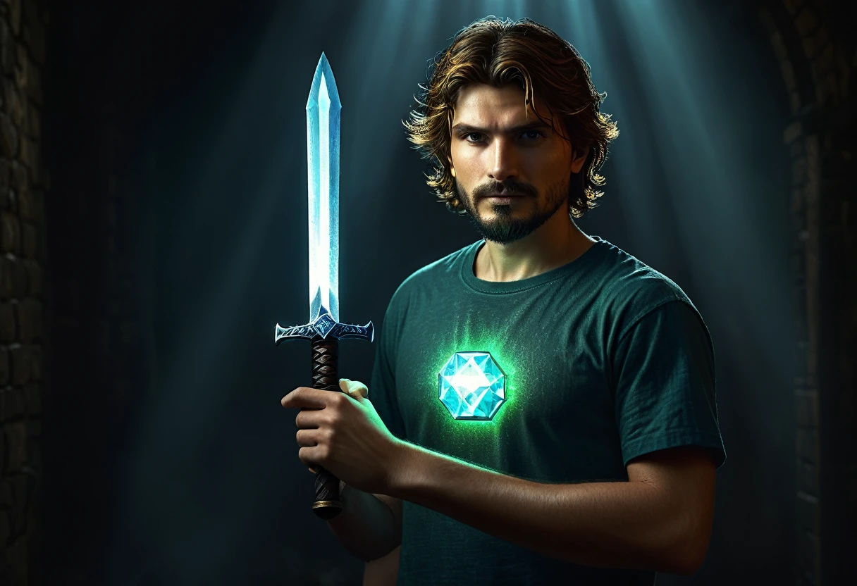 Herobrine, Antihero character from Minecraft history, realistic, as a person, Фотоrealistic, with white, eerily glowing eyes, in an old green T-shirt, old blue jeans, This is a young man with a short beard on his face.., black hair, lighting surrounds his body, holding a glowing diamond sword in his hand , Stand next to a beautiful woman with golden wavy hair in tactical armor.