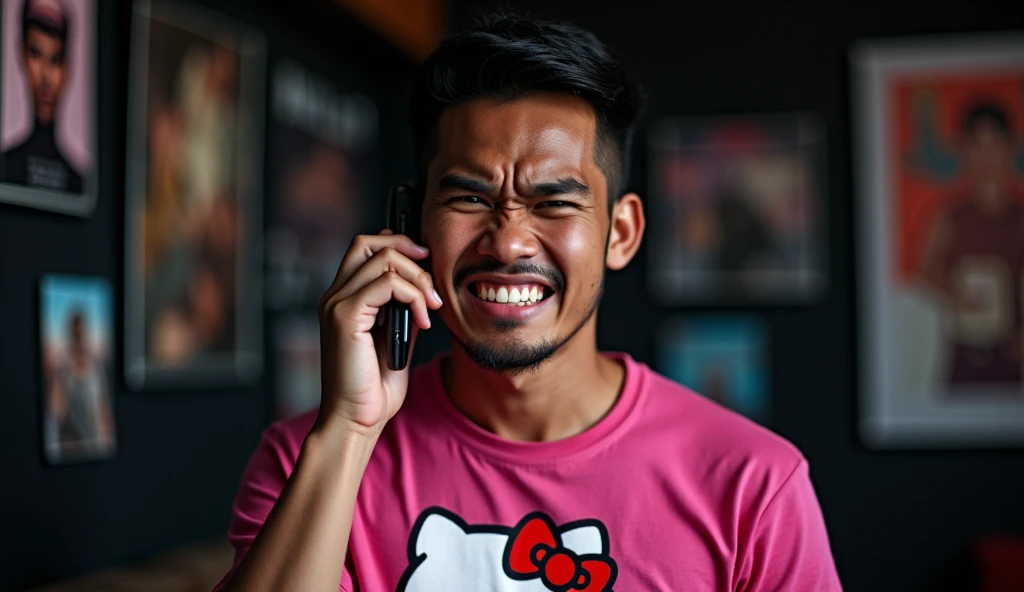 original photo. The young man face of Indonesia. wearing a pink Hello Kitty t-shirt with an angry expression on the phone. in a room designed in black, rock music style. many posters like nirvana and metallica Ultra-realistic 8K photos, taken with Leica Q2, strong color contrast and sharp clarity --quality 2 --