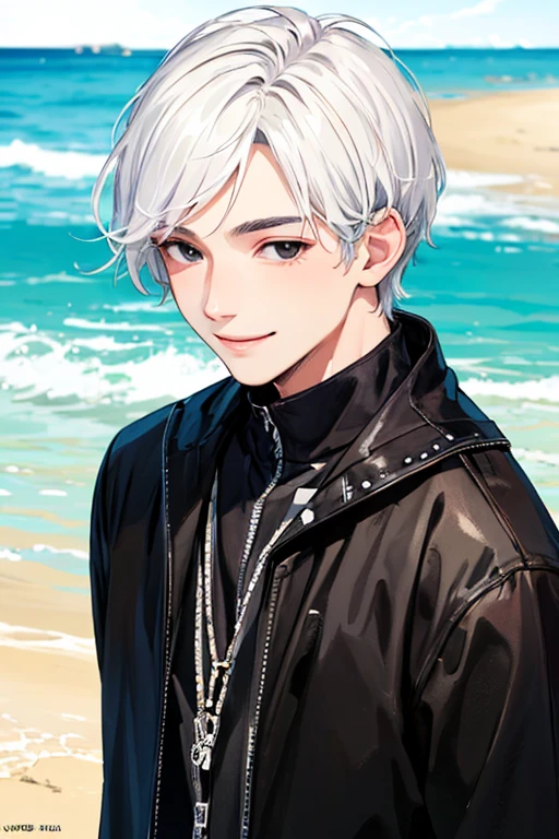 ((masterpiece)), (((best quality))), chromatic lighting,
colorized, white + black limited color palette,
detailed concept drawing,
on the beach, Shibuya street fashion, no weird object on his face,
portrait, 25yo 1guy, slender, short white hair, black eyes, smiling