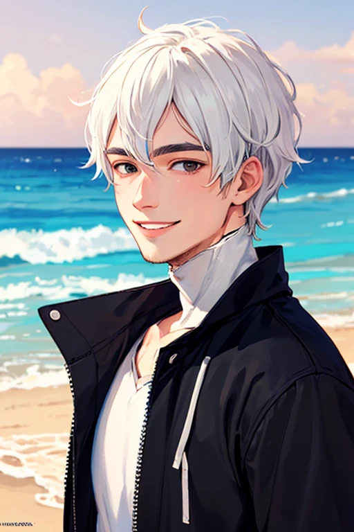 ((masterpiece)), (((best quality))), chromatic lighting,
colorized, white + black limited color palette,
detailed concept drawing,
on the beach, Shibuya street fashion, no weird object on his face,
portrait, 25yo 1guy, slender, short white hair, black eyes, smiling
