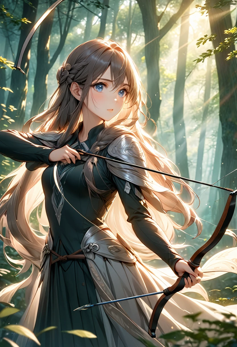 Beautiful female archer, holding a bow, Delicate face, beautiful eyes, Detailed facial features, Flowing long hair, Elegant Posture, Fantasy Landscape, Dense forest, Sunlight through the trees, Soft tones, Dramatic Lighting, Film composition, number, Extremely detailed, (best quality,4K,8K,high resolution,masterpiece:1.2),Extremely detailed,(Practical,photoPractical,photo-Practical:1.37)