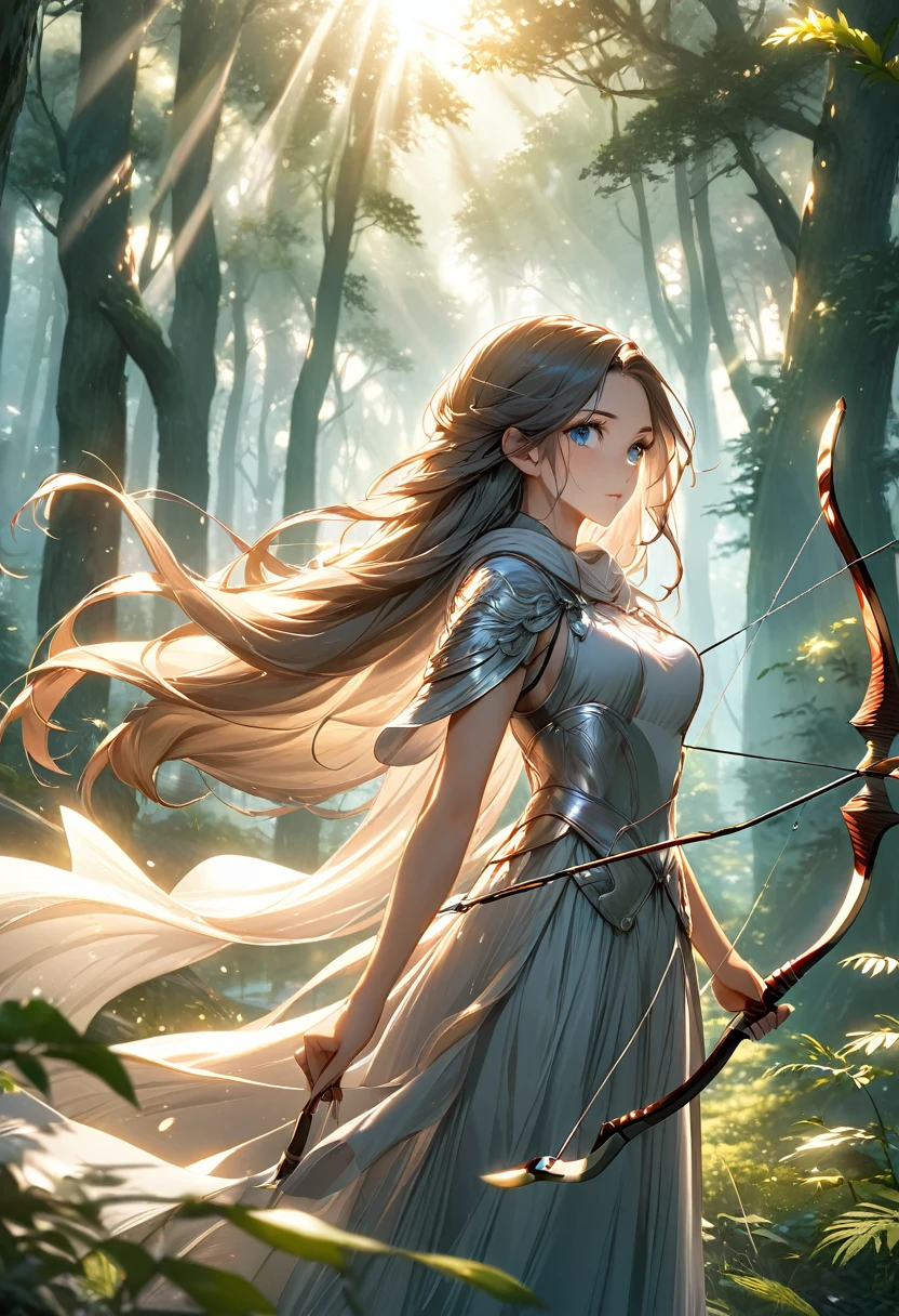 Beautiful female archer, holding a bow, Delicate face, beautiful eyes, Detailed facial features, Flowing long hair, Elegant Posture, Fantasy Landscape, Dense forest, Sunlight through the trees, Soft tones, Dramatic Lighting, Film composition, number, Extremely detailed, (best quality,4K,8K,high resolution,masterpiece:1.2),Extremely detailed,(Practical,photoPractical,photo-Practical:1.37)
