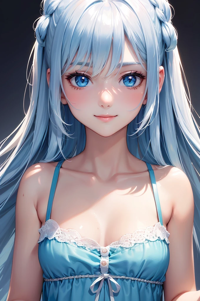 Best Quality,High resolution,8k,(plain white background, no patterns, no textures, just a plain white background:1.3),Masterpiece:1.2),beautiful girl,(focus face),Shiny light blue hair,messy hair,Beautiful light blue eyes,Cute black pajamas,Gentle look,A refreshing look,smile,Best quality,Best Quality,Aesthetic and aesthetic:1.2,Best details((Super detailed))(High-definition CG illustrations),Slender body,smile,blush,cute,Scrounge,Looking up,Being spoiled,super model