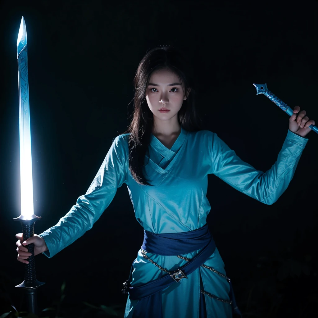 At night, a close-up of a girl holding an illuminated blue sword aloft with both hands can be seen. She stands in a dark forest, where the harsh light casts a glow on the sword, face and hands, which bears the text '123456'.