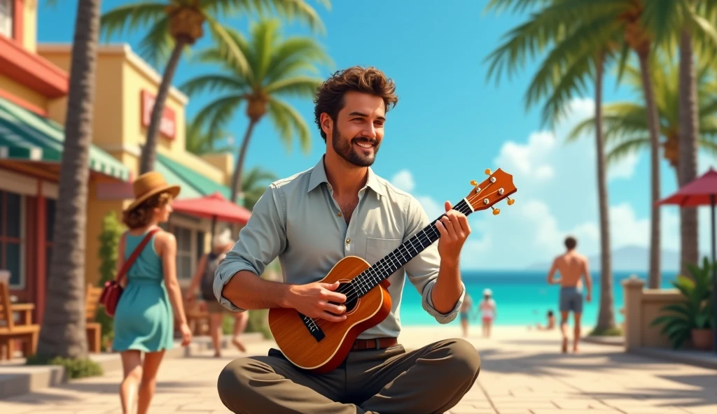 1934; (masterpiece, best quality) man playing ukulele on the street(Avai beach)