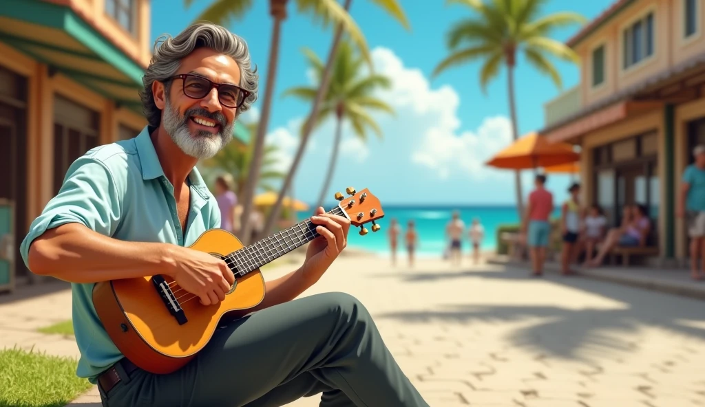 1934; (masterpiece, best quality) man playing ukulele on the street(Avai beach)