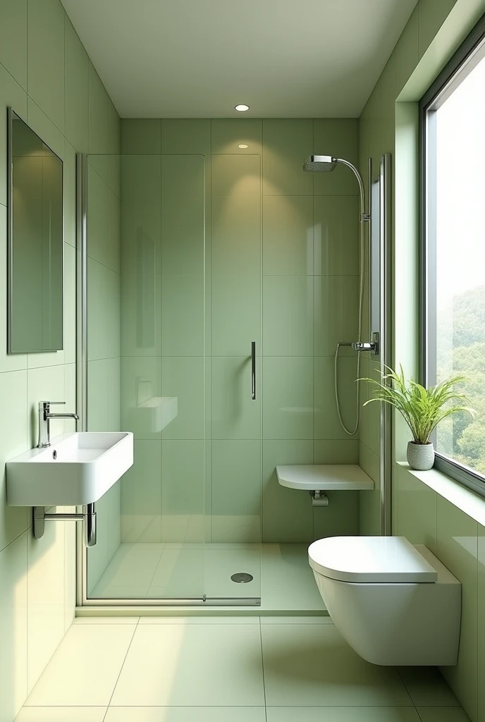 The bathroom exudes a serene elegance with its light olive green tiles, which provide a soothing backdrop. The walls, adorned with the same soft green, enhance the room's tranquility. A sleek glass shower chamber reflects the natural light, creating a sense of openness. The sink, complemented by a square mirror above it, adds a modern touch, while a neatly positioned toilet in the corner ensures functionality without disrupting the space’s calm aesthetic.