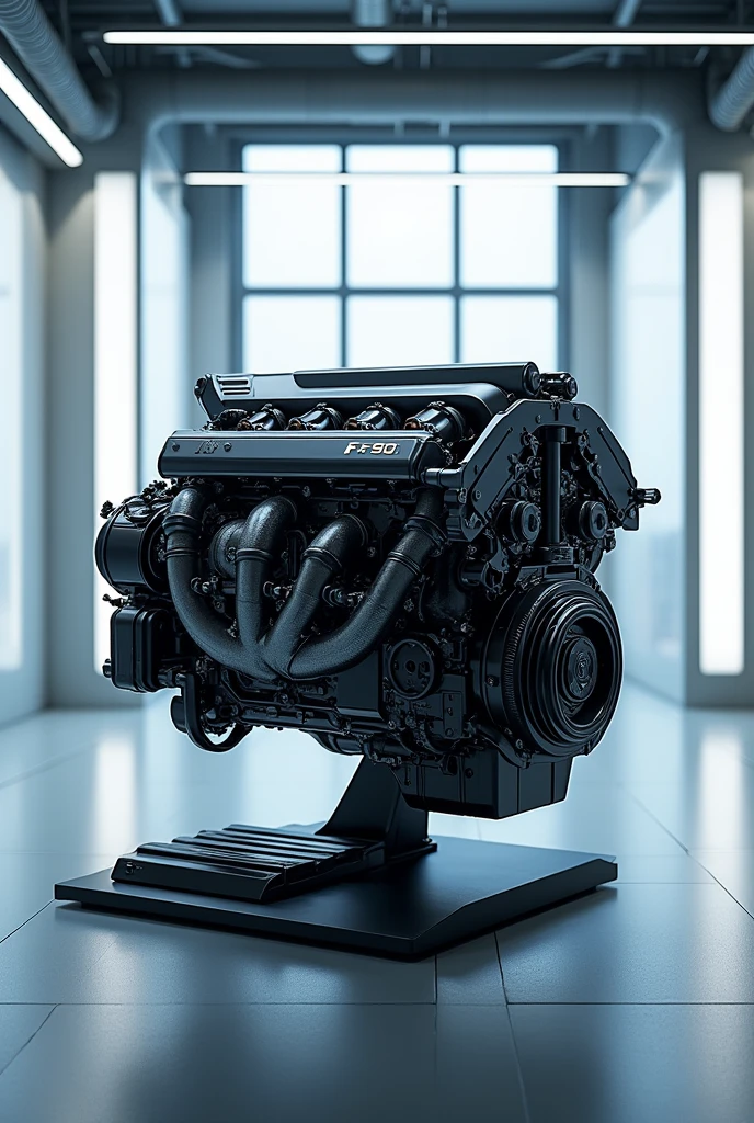 Bmw f 90 v12 engine in big and led lights room