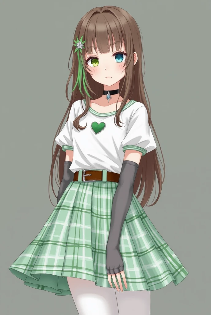 A girl with brown hair ,Long and straight, She has a green lock of hair on the left side of her head and a silver star brooch., His right eye is blue and his left eye is green., Black choker, A white, short-sleeved, waist-length blouse with a small green heart in the center,grey elbow length fingerless gloves, Brown belt ,mint green and white plaid skirt, white long leggings and black school shoes