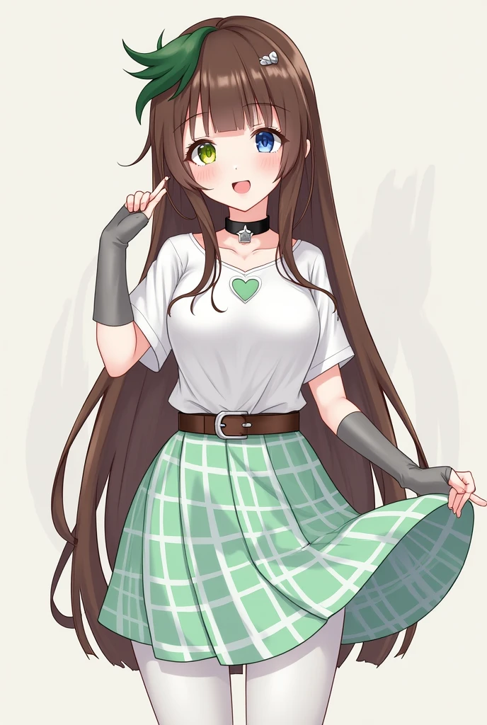 A girl with brown hair ,Long and straight, She has a green lock of hair on the left side of her head and a silver star brooch., His right eye is blue and his left eye is green., Black choker, A white, short-sleeved, waist-length blouse with a small green heart in the center,grey elbow length fingerless gloves, Brown belt ,mint green and white plaid skirt, white long leggings and black school shoes