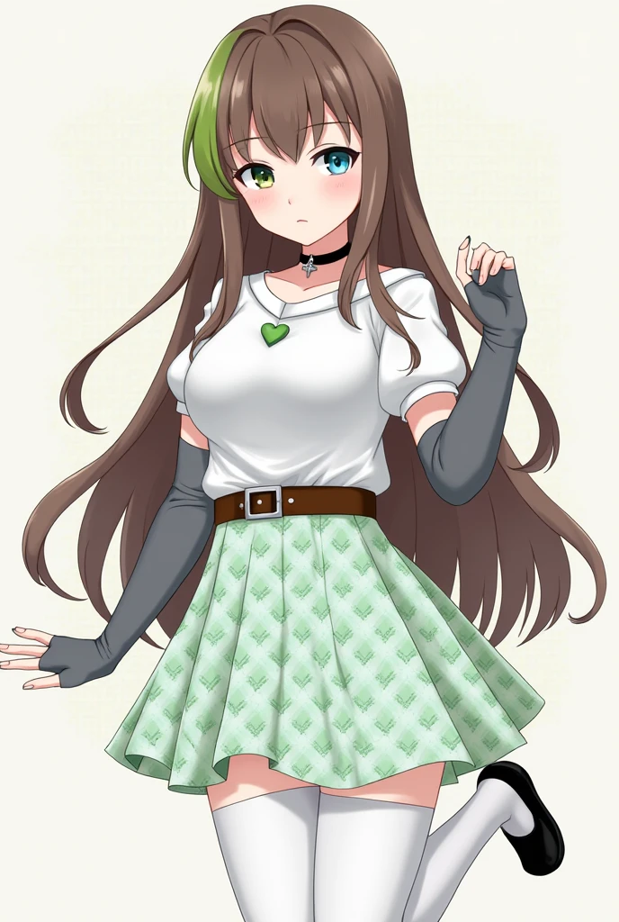A girl with light brown hair,smooth and long,He has a green lock on the left side of his head, She has a star-shaped brooch on the left side of her head, He has a blue right eye and a green left eye.,She has a plain white sleeveless and strapless blouse, a light blue thin sweater, a mint green and white plaid skirt with a brown belt, school shoes and long white socks