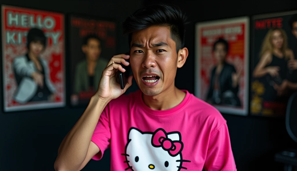 original photo. The young man face of Indonesia. wearing a pink Hello Kitty t-shirt with an angry expression on the phone. in a room designed in black, rock music style. many posters like nirvana and metallica Ultra-realistic 8K photos, taken with Leica Q2, strong color contrast and sharp clarity --quality 2 --