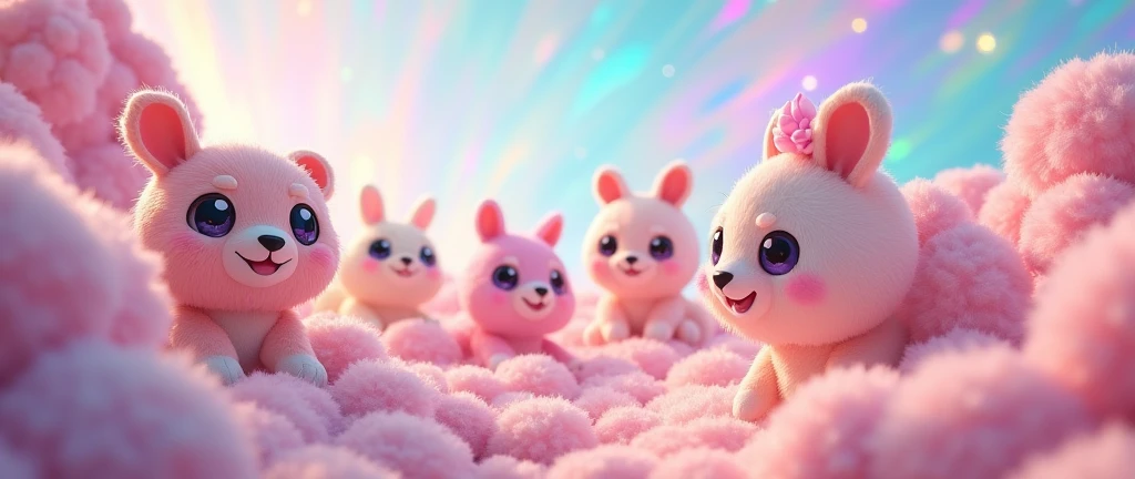 cheered up!! 90s kawaii cheered up! pastel stuffed animals! iridescent, smiling, background landscape
