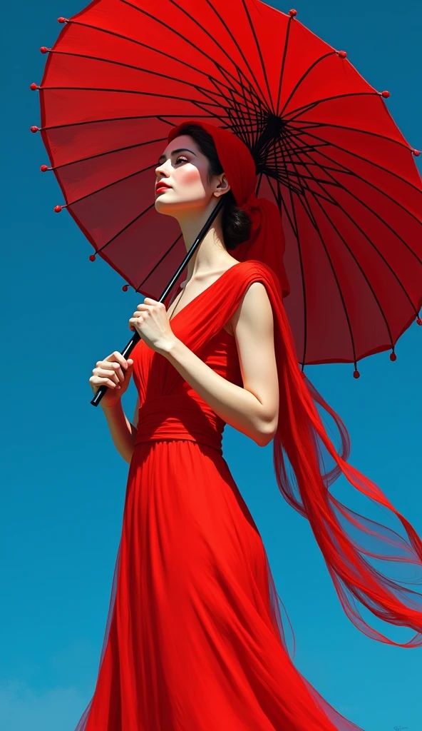 a woman in a red dress holding a red umbrella with a blue background and a red cloth over her head, Ella Guru, samikshavad, vibrant colours, a photocopy