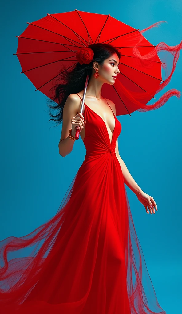 a woman in a red dress holding a red umbrella with a blue background and a red cloth over her head, Ella Guru, samikshavad, vibrant colours, a photocopy