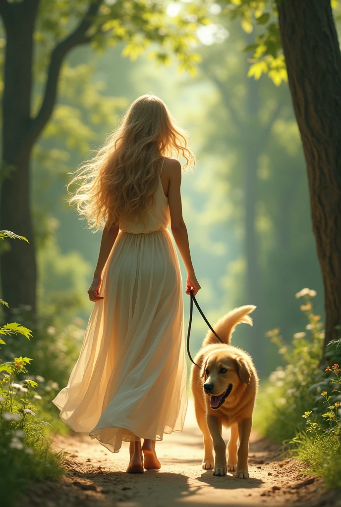 Generate the same beautiful blonde woman walking a dog 