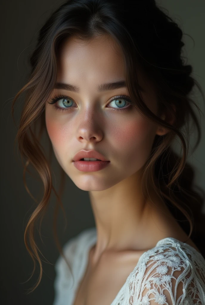 Femme entre 18 et 25 ans caucasienne brune aux yeux bleu azur avec un regard très profond et une attitude très coquine 