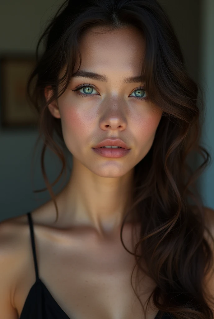 Femme entre 18 et 25 ans caucasienne brune aux yeux bleu azur avec un regard très profond et une attitude très coquine 