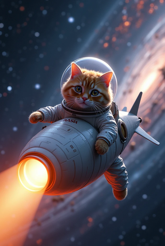 a highly detailed anthropomorphic cat astronaut (((riding in a sardine spaceship:1.5)) in deep space, there is a spotlight at the end of the ship, There are many stars in space, the cat is wearing an astronaut helmet:1.3, NASA logo is on the spacesuitbeautiful detailed eyes, beautiful detailed lips, extremely detailed eye and face, long eyelashes, details Intricate, cinematic lighting, swirly vibrant colors, dramatic atmosphere, epic science fiction, photorrealistic, 16K, best qualityer, Masterpiece artwork