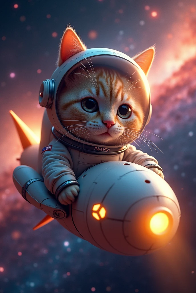 a highly detailed anthropomorphic cat astronaut (((riding in a sardine spaceship:1.5)) in deep space, there is a spotlight at the end of the ship, There are many stars in space, the cat is wearing an astronaut helmet:1.3, NASA logo is on the spacesuitbeautiful detailed eyes, beautiful detailed lips, extremely detailed eye and face, long eyelashes, details Intricate, cinematic lighting, swirly vibrant colors, dramatic atmosphere, epic science fiction, photorrealistic, 16K, best qualityer, Masterpiece artwork