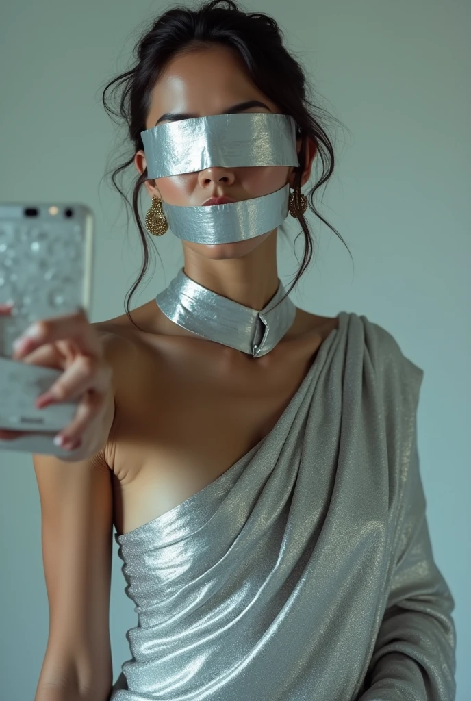 Aesthetic girl blindfolded Duct tape gagged in silver shimmering saree taking selfie 