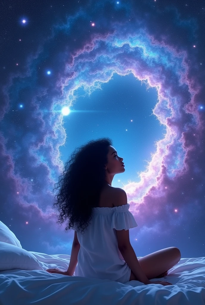 une belle jeune femme métisse aux longs cheveux noir bouclés portant un pyjama court blanc est assise sur son lit, elle est entourée d'une gigantesque nébuleuse bleue et violette avec des étoiles, elle regarde la nébuleuse de dos, atmosphère magique et apaisante (Meilleure qualité, 4k, 8k,haute résolution) (Réaliste,photo)