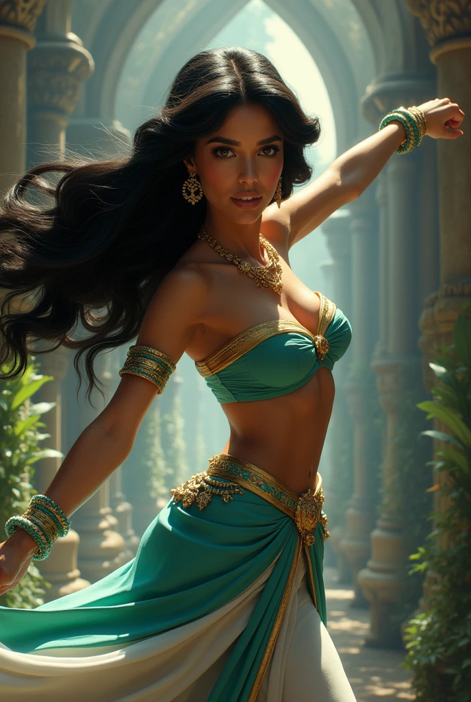 Stunning Princess Jasmine, photo in 8k, in action, cinematic.