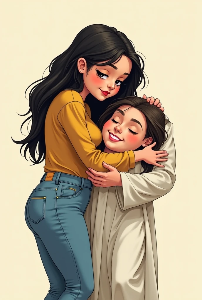 Create a cartoon of a woman with long black hair, Round face, round nose with a mustard-colored blouse and jeans standing hugging Jesus Christ with the girl's face on Jesus Christ's chest