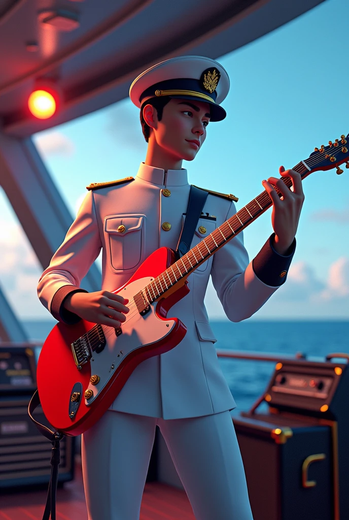 An young handsome captain playing an electric guitar in a ship wearing his outfit,3d pixel, vivid colour,realistic 