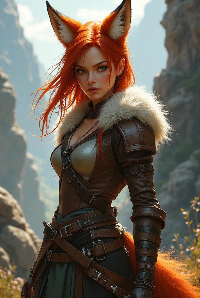 fox, Young woman, warrior, redhead, fox ears, Tail