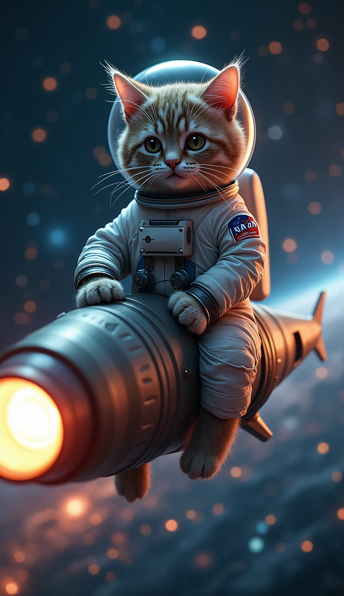 a highly detailed anthropomorphic cat astronaut (((riding on a sardine spaceship:1.5)) in deep space, has a spotlight at the end of the ship, There are many stars in space, the cat is wearing an astronaut helmet:1.3, the NASA logo is on the astronaut suitbeautiful detailed eyes, beautiful detailed lips, extremely detailed eyes and face, long eyelashes, intricate details, cinematic lighting, vibrant colors, dramatic atmosphere, epic sci-fi, photorealistic, 16k, best quality, masterpiec