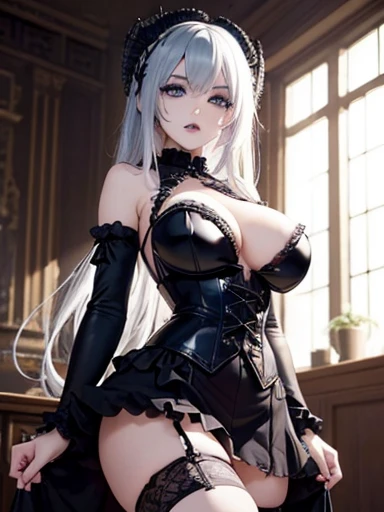  A 2 gothic punk goth girl, perfect face, beautiful Asian woman with long White hair in curls and coils, very cute and           beautiful girl, (highly detailed beautiful face), high detailed fingers, (Deep Purple corset with detailed frills), detailed face,
]cowboy shot, looking at viewer, Standing, white panties. intricate details, cinematic scene, detailed background, solo, dynamic angle,  ((beautiful big blue eyes looking down at the viewer, black shiny lipstick, perfect Asian goth cyber makeup)) double d breast, detailed cute face, white hair, gothic punk fashion, highly detailed gothic fashion, short skirt, heavy make up,),(dark black lipstick), size, Backlight effect, lens flare, depth of fields, blurry background, Detailedface,1 girl, Detailed eyes, ,(thigh up shot image :1.5), Black gloves
