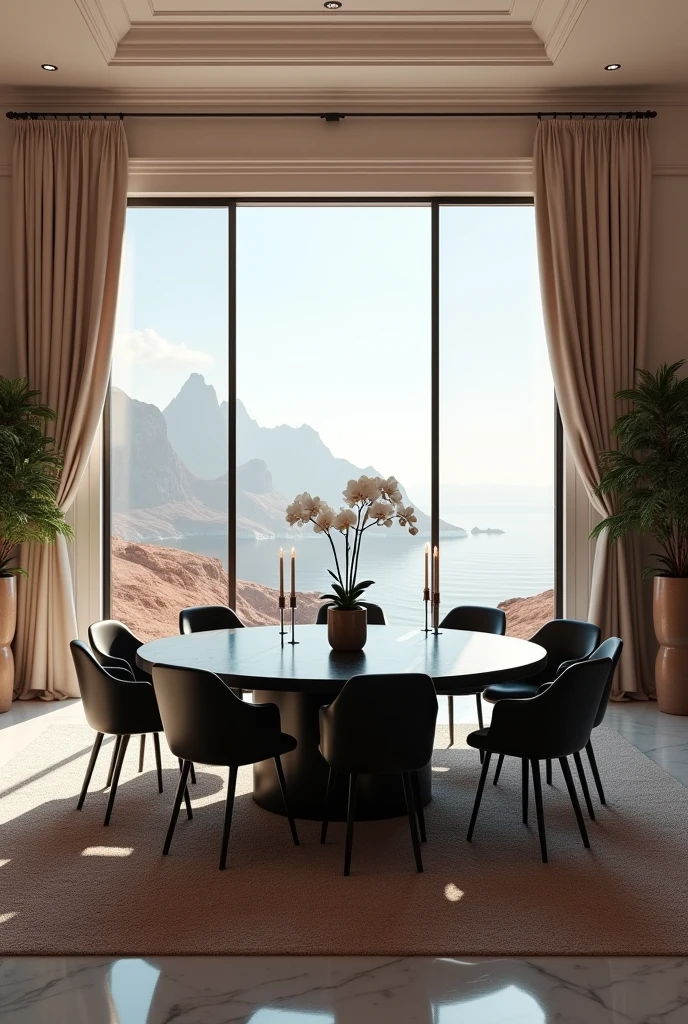 real photo taken in an alien house on Mars, a luxury room, moderno, large round black garden style table with 8 chairs with candelabras and vase of white orchids , wall with full glass sliding door on the entire wall with a view of the exterior of landscapes on the planet Mars , with mountains on the ocean side, inside curtains on the sides of the wall where the glass door is, modern carpet, wall with white boiserie, all in the neoclassical style, real image quality