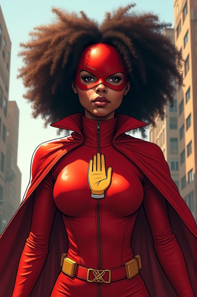 Curl hair. Beautiful teen Kenyan woman. Hero outfit color red. She wears a mask. She wears a jacket but make it heroic outfit. Hand logo on her hero outfit