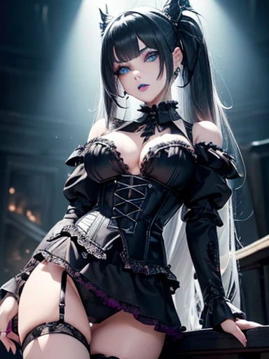  A 2 gothic punk goth girl, perfect face, beautiful Asian woman with long White hair in curls and coils, very cute and           beautiful girl, (highly detailed beautiful face), high detailed fingers, (Deep Purple corset with detailed frills), detailed face,
]cowboy shot, looking at viewer, Standing, white panties. intricate details, cinematic scene, detailed background, solo, dynamic angle,  ((beautiful big blue eyes looking down at the viewer, black shiny lipstick, perfect Asian goth cyber makeup)) double d breast, detailed cute face, white hair, gothic punk fashion, highly detailed gothic fashion, short skirt, heavy make up,),(dark black lipstick), size, Backlight effect, lens flare, depth of fields, blurry background, Detailedface,1 girl, Detailed eyes, ,(thigh up shot image :1.5), Black gloves