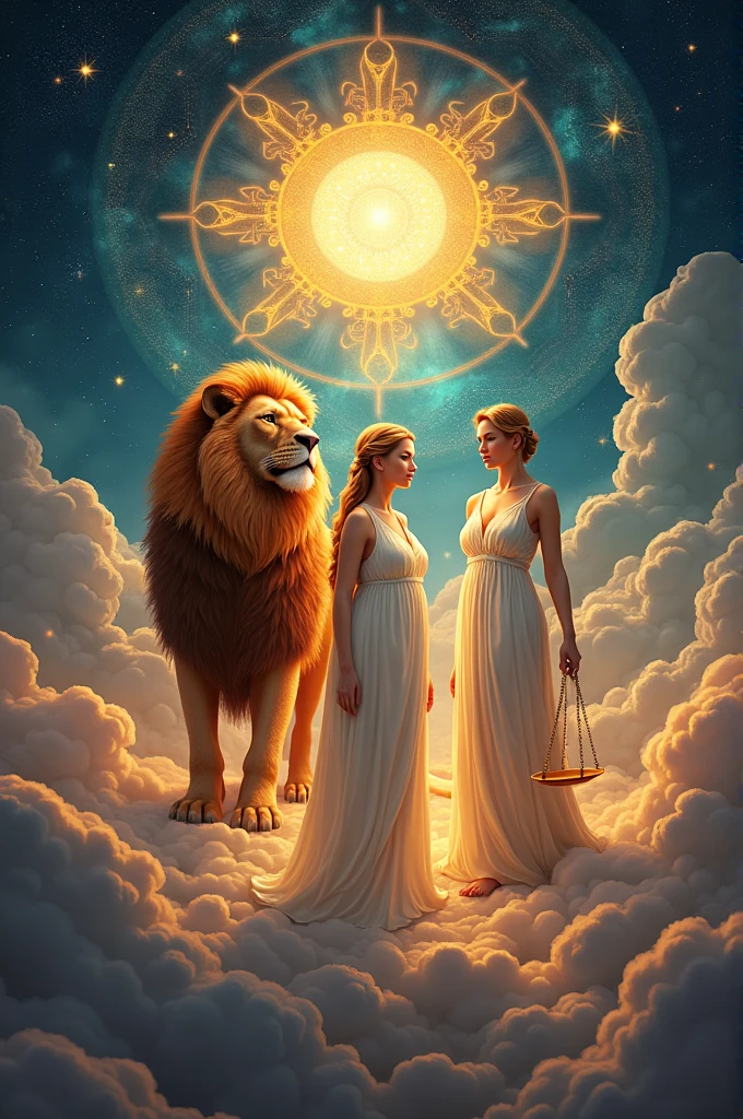 A zodiac picture with a lion on the left, a virgin in the middle and a scale on the right