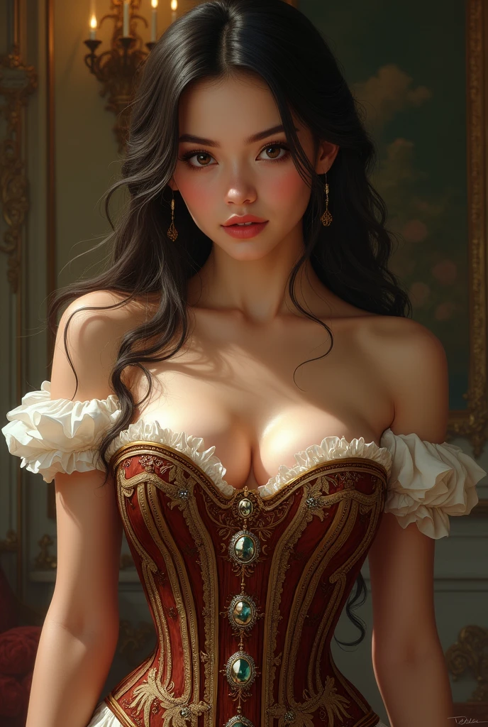 Young woman, big breast, wearing royal corset