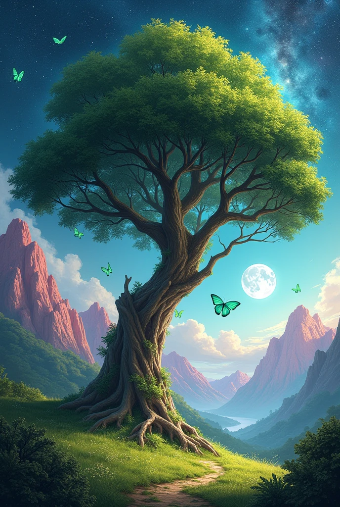 big tree in the galaxy with a moon, butterflies green meadow, at night, with pink mountains, universe in the sky
