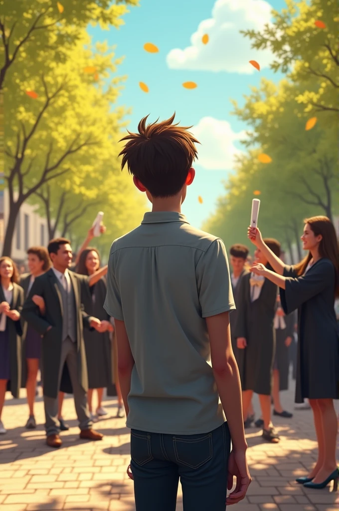Stupid boy alone and looking students happy with degree
