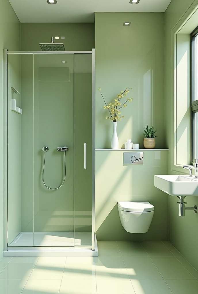 The bathroom exudes a serene elegance with its light olive green tiles, which provide a soothing backdrop. The walls, adorned with the same soft green, enhance the room's tranquility. A sleek glass shower chamber reflects the natural light, creating a sense of openness. The sink, complemented by a square mirror above it, adds a modern touch, while a neatly positioned toilet in the corner ensures functionality without disrupting the space’s calm aesthetic.