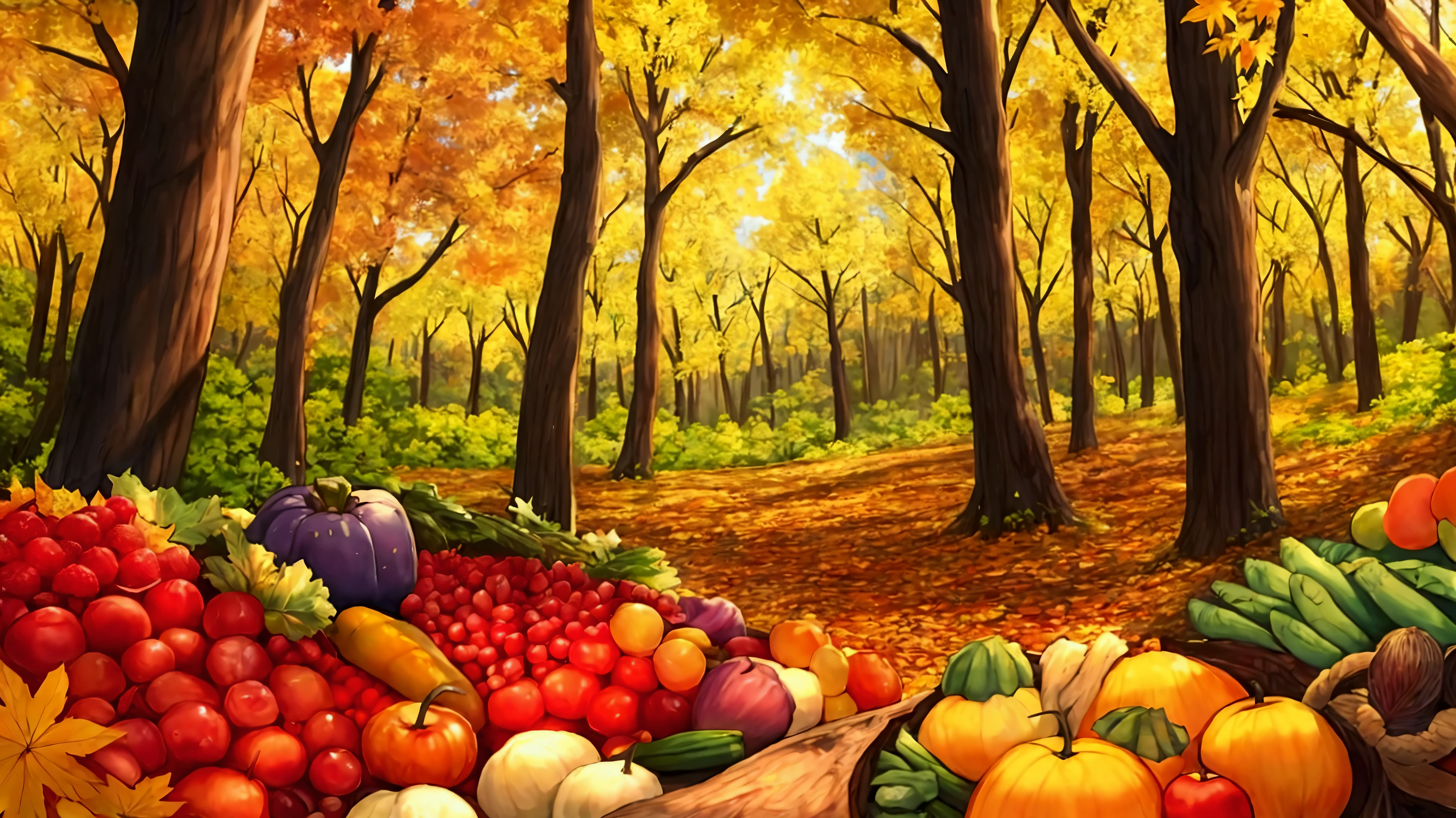 In autumnn forest a lot of autumnn vegetables ,and fruits