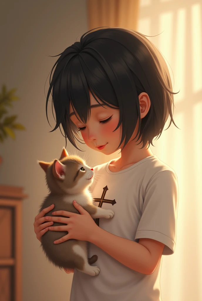 Boy with shoulder length black hair in short sleeve white shirt with crucifix holding a kitten