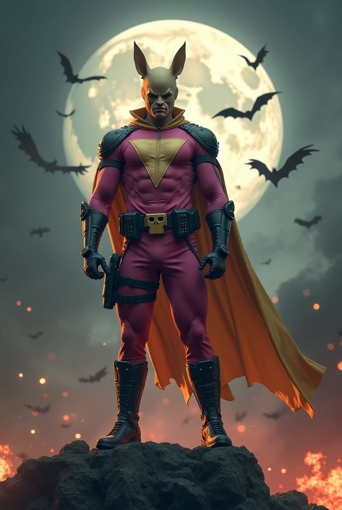 Malaysia man in high-tech suit, vivid effects, malaysian superhero(( (KELUANG MAN)) in a striking pink and brown beige costume cyberpunk design((, mask small mini bat ear beige,)) daredevil beige mask, jumpsuit dark pink stands confidently in a dramatic.jumping from high place.hero costume.one hand rise up. (Big triangle logo on the chest.high detail Punisher logo on the chest)). jumping from hight place. Fighting pose , stormy landscape. ((Head covered node guard like batman. Running pose , athletic body type, small mini ear bat mask))The character wears domino mask a helmet with pointed mini torn ears and a flowing cape biege. Pink panther, open nose and mouth. Equipped with visible futuristic weapons on a belt,bullet proof jacket pink dark day.show fingers pose, dark night, big supermoon effect . Small logo on chest triangle shape small ((mitch gerads punisher ))logo center triangle cyber logo center on chest pink logo mini logo Casey Jones mask on the logo on chest. )). rocky. Building top.smoke ground , bomb effect background, losse pants, losses costume.adding to --ar 3:4 --style raw --stylize 500 --v 6.1. chaos. Lot of small flying bat. One leg on the high stone. Man. Backpack . Real man age 40 year old. One hand holding belt. Jump from high place. Open cape.