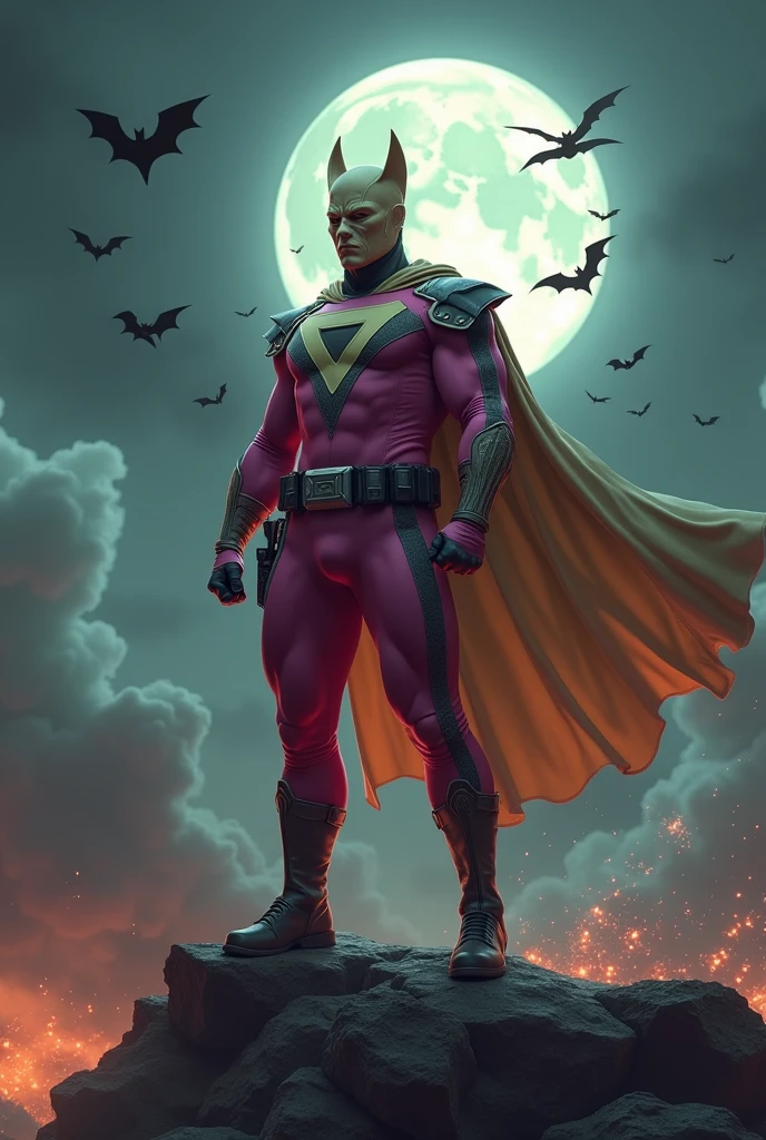 Malaysia man in high-tech suit, vivid effects, malaysian superhero(( (KELUANG MAN)) in a striking pink and brown beige costume cyberpunk design((, mask small mini bat ear beige,)) daredevil beige mask, jumpsuit dark pink stands confidently in a dramatic.jumping from high place.hero costume.one hand rise up. (Big triangle logo on the chest.high detail Punisher logo on the chest)). jumping from hight place. Fighting pose , stormy landscape. ((Head covered node guard like batman. Running pose , athletic body type, small mini ear bat mask))The character wears domino mask a helmet with pointed mini torn ears and a flowing cape biege. Pink panther, open nose and mouth. Equipped with visible futuristic weapons on a belt,bullet proof jacket pink dark day.show fingers pose, dark night, big supermoon effect . Small logo on chest triangle shape small ((mitch gerads punisher ))logo center triangle cyber logo center on chest pink logo mini logo Casey Jones mask on the logo on chest. )). rocky. Building top.smoke ground , bomb effect background, losse pants, losses costume.adding to --ar 3:4 --style raw --stylize 500 --v 6.1. chaos. Lot of small flying bat. One leg on the high stone. Man. Backpack . Real man age 40 year old. One hand holding belt. Jump from high place. Open cape.