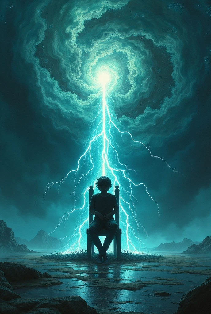 mythological shapeshifting Dark galaxy Thunders and dark galaxy like background and a a teenage boy dressed as a emo boy whose face is casted by a shadow is sitting on a death chair facing backwards getting electrocuted in a dark galaxy background, the ground is plain plain reflecting the thunders and clouds, author：Zdzislaw Beksinski和Van Gogh, album covers, dark, surrealism, Futuristic , Heavy Metal, liquid, coral, abstracted, Dark, Blue, Cyan, Green, Dark, faded, landscape